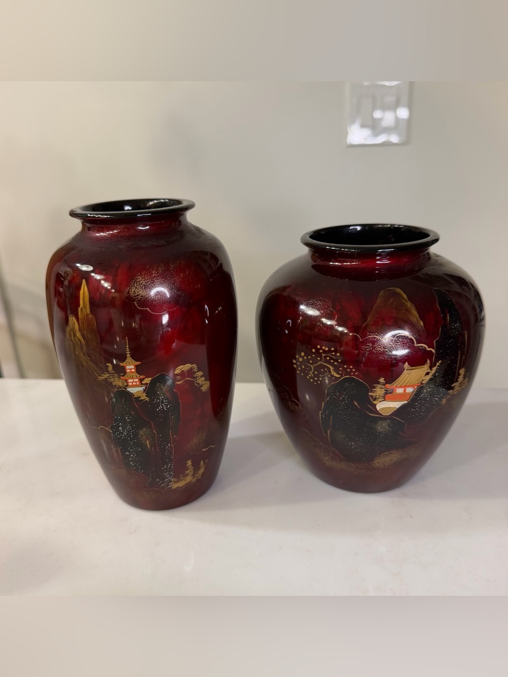 Red Hand-Painted Decorative Vase with Gold Landscape Accents